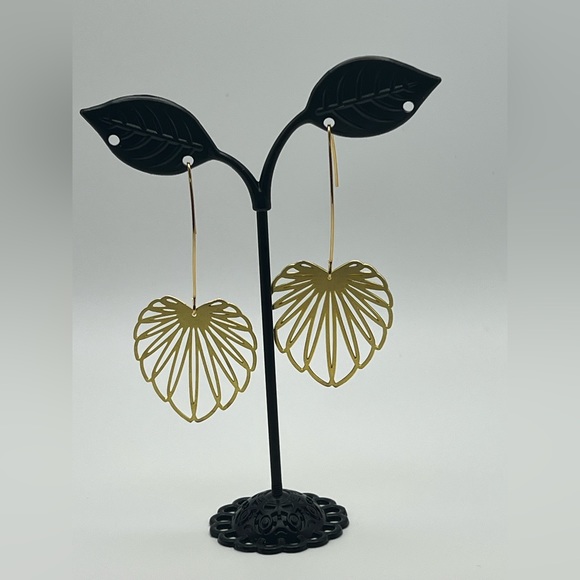 Gold Delicate Leaf Earrings - Long Minimalist Brass Earrings - Picture 7 of 11